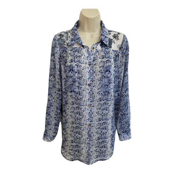Anthropologie Fig & Flower Blue Boho Floral Blouse Roll Tab Sleeve Button Top PM - Picture 1 of 6